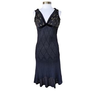 NEW ST. JOHN Evening Black Cocktail Dress MSRP $1495 Knit Gold Lace V-neck Sz 2